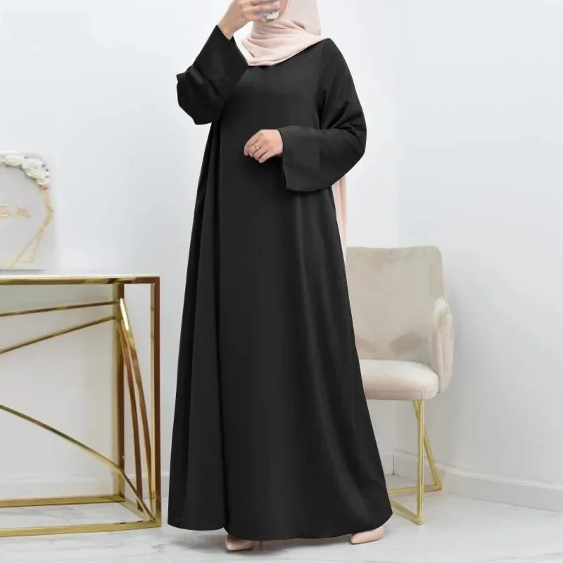 Femme Loose Turkey Kaftan Vintage Spring Muslim Dress Malay Simple Solid Women Abaya O-neck with Belt Big Size Long Sleeves Robe