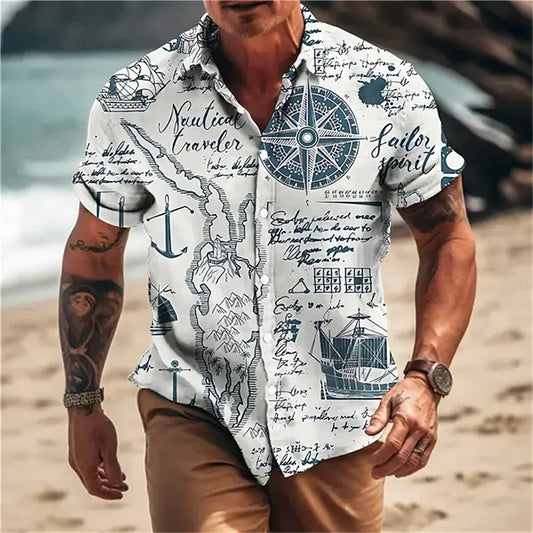 Anchor Sailboat Graphic Hawaiian Shirt For Men Vintage Compass 3D Printed Aloha Shirts Fashion Short Sleeve Blouse Lapel Tops