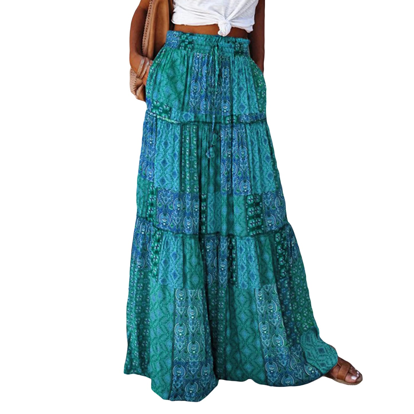 Women Bohemian Long Skirts Vintage Long Maxi Elastic High Waist A-Line Skirts Tiered Long Skirts with Pockets Beachwear Skirt