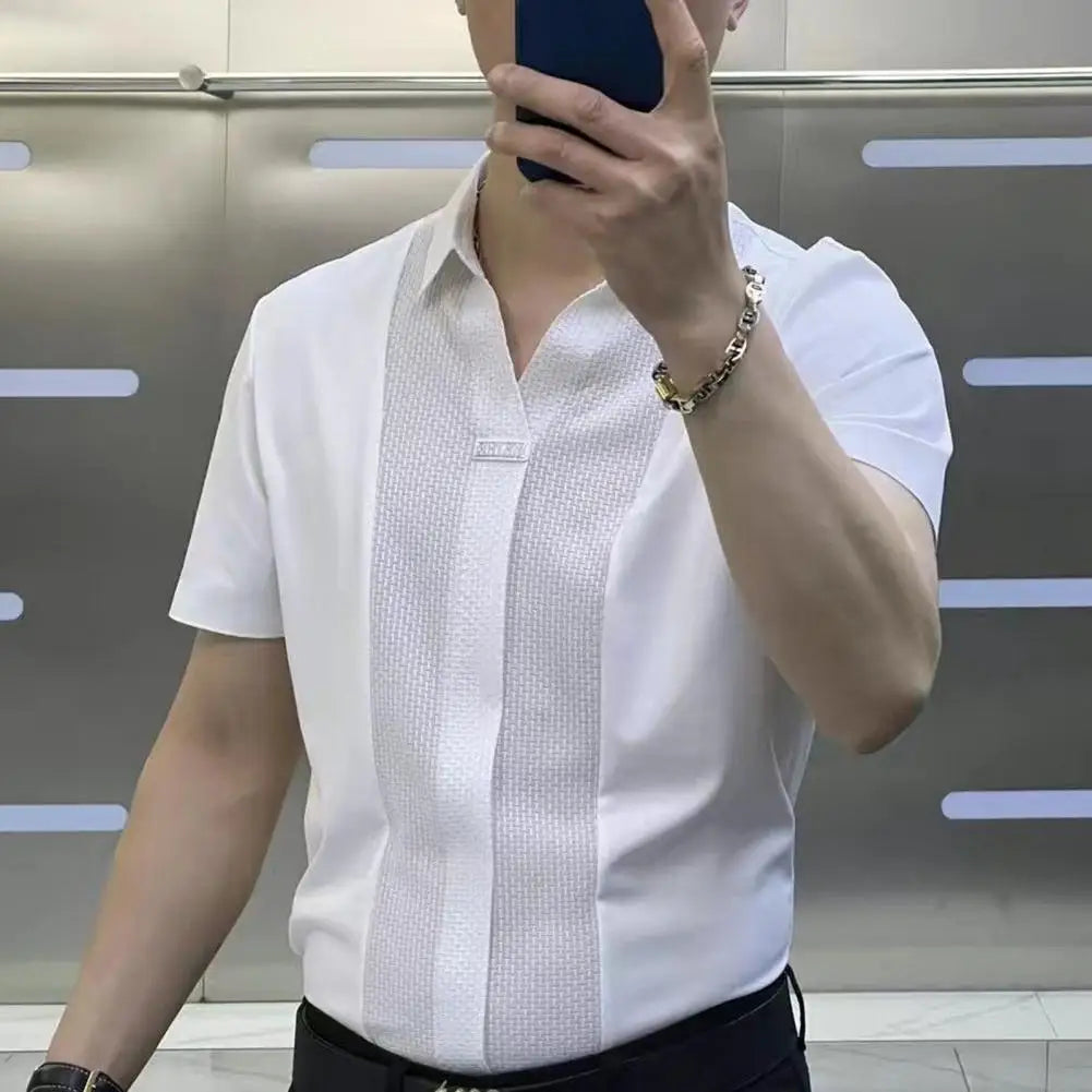 Men Short-sleeve Shirt Formal Business Style Men's Summer Shirt With Turn-down Collar Short Sleeves Slim Fit Patchwork Soft