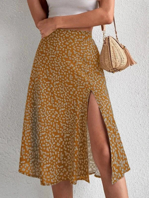 Elegant Printed Skirt Women Sexy Split Mid Skirt Summer Every Day Solid Color Dress Robe