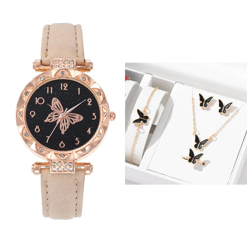 5PCS/Set Fashion Rhinestone Butterfly Women Watch Jewelry Set New Women's Bracelet Watches Waterproof Matching