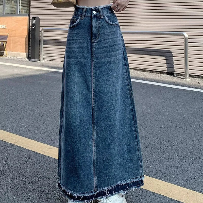 Summer Street Style Rough Edge Skirt Korean Version Women Retro Casual High-waisted A-line Skirt Temperament Loose Denim Skirts