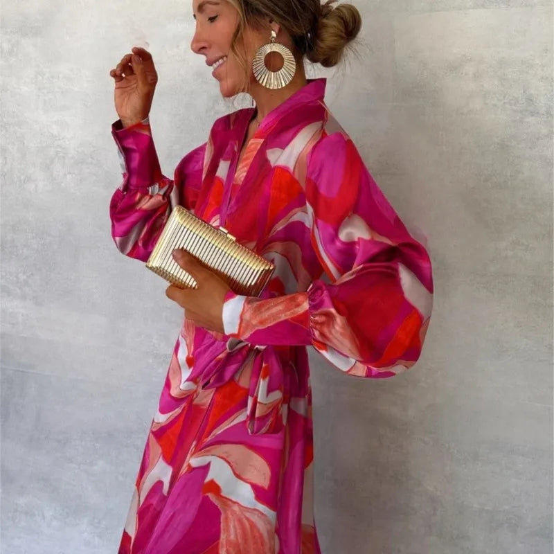 Pink Printed Women's Long Sleeved Dress Autumn New V-neck Cross Tie Lantern Sleeve Irregular Women's Long Dress 2024 Vestido