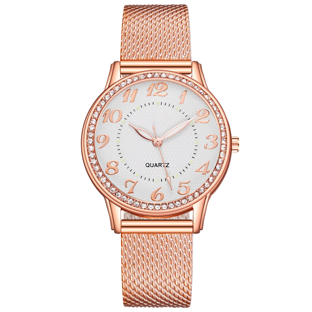 Women Watches Luxury Mesh Band Bracelet Rose Gold   Inlaid Crystal Fashion   New