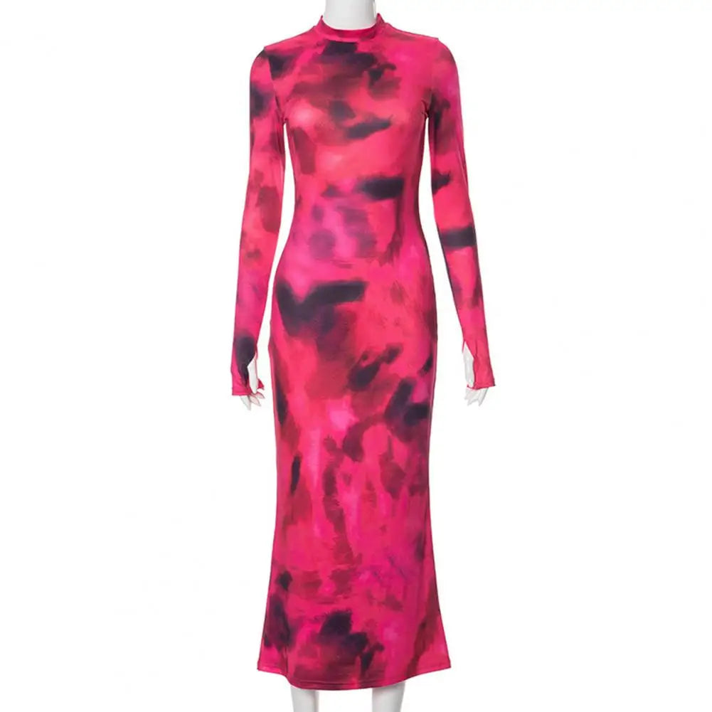 O Neck Tie-dye Dress Elegant Women's Long Sleeve Maxi Dress with Round Neck Slim Fit Ankle Length Tie-dye for Spring for Women