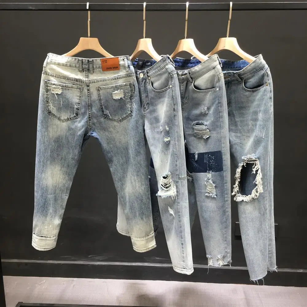 Fashion 2024 New Men's Casual Jeans Distressed Ripped Designer Luxury Boyfriend Spring Autumn Denim Slim Full Length Pants