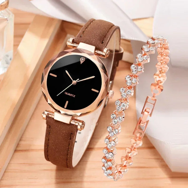 2024 Luxury Fashion Women Watch Set PU Leather Strap Ladies Quartz Wristwatch Rhinestone RoseGold Alloy Bracelet for Ladies Gift