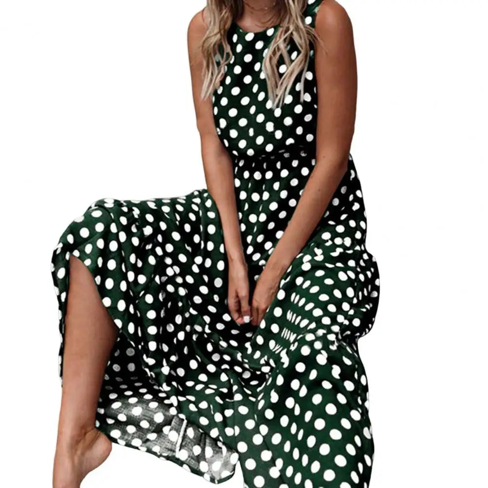 Polka Dot Boho Sundress Women Summer Beach Maxi Long Dresses Sexy Elegant Sleeveless Belts Evening Party Dress Vestido De Mujer