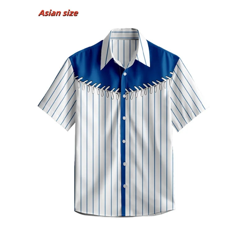 Colorful Stripes Baseball Pattern Hawaiian Shirt For Men Retro 3D Print Short Sleeve Tops Casual Lapel Aloha Shirts Loose Blouse