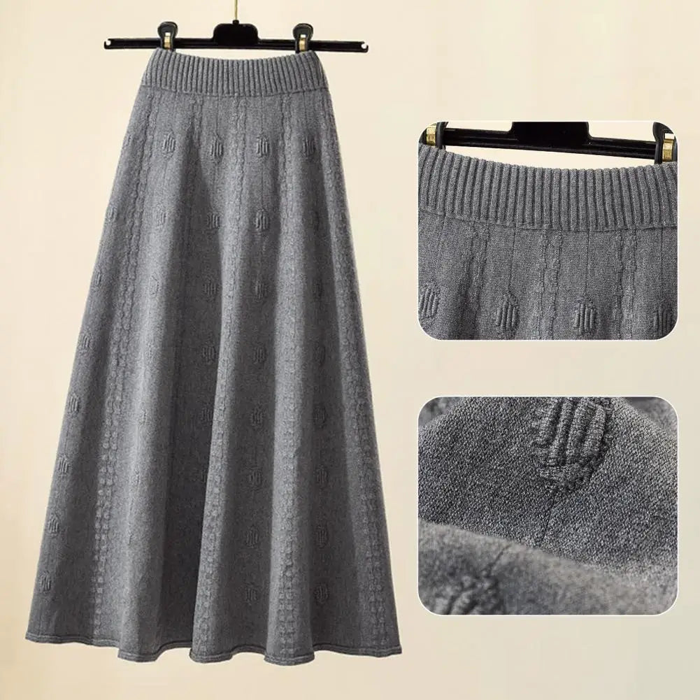 Casual Knit Skirt Large Hem Skirt Elegant Women's Knitting Skirt with High Waist A-line Design Solid Color Jacquard for Autumn