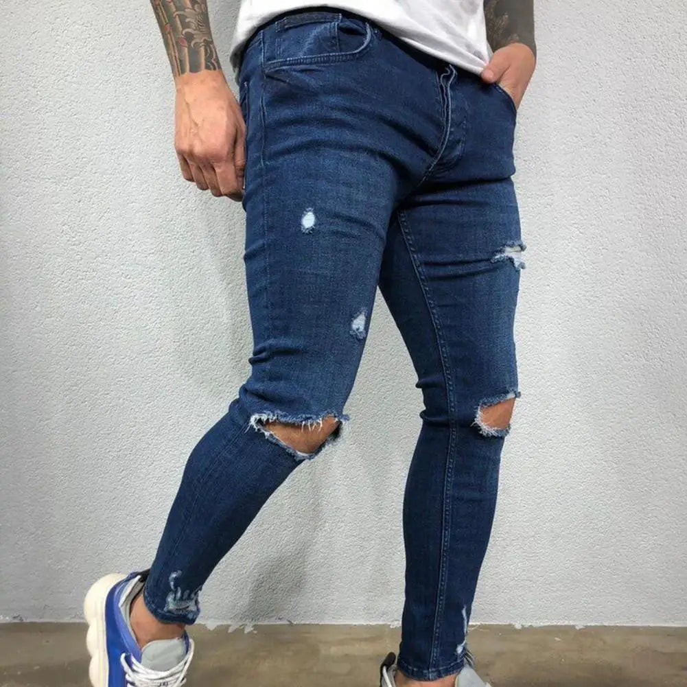 Men's Jeans Streetwear Ripped Skinny Hip Hop Man Fashion Estroyed Oversize Pants Solid Color Male Stretch Casual Denim Trousers