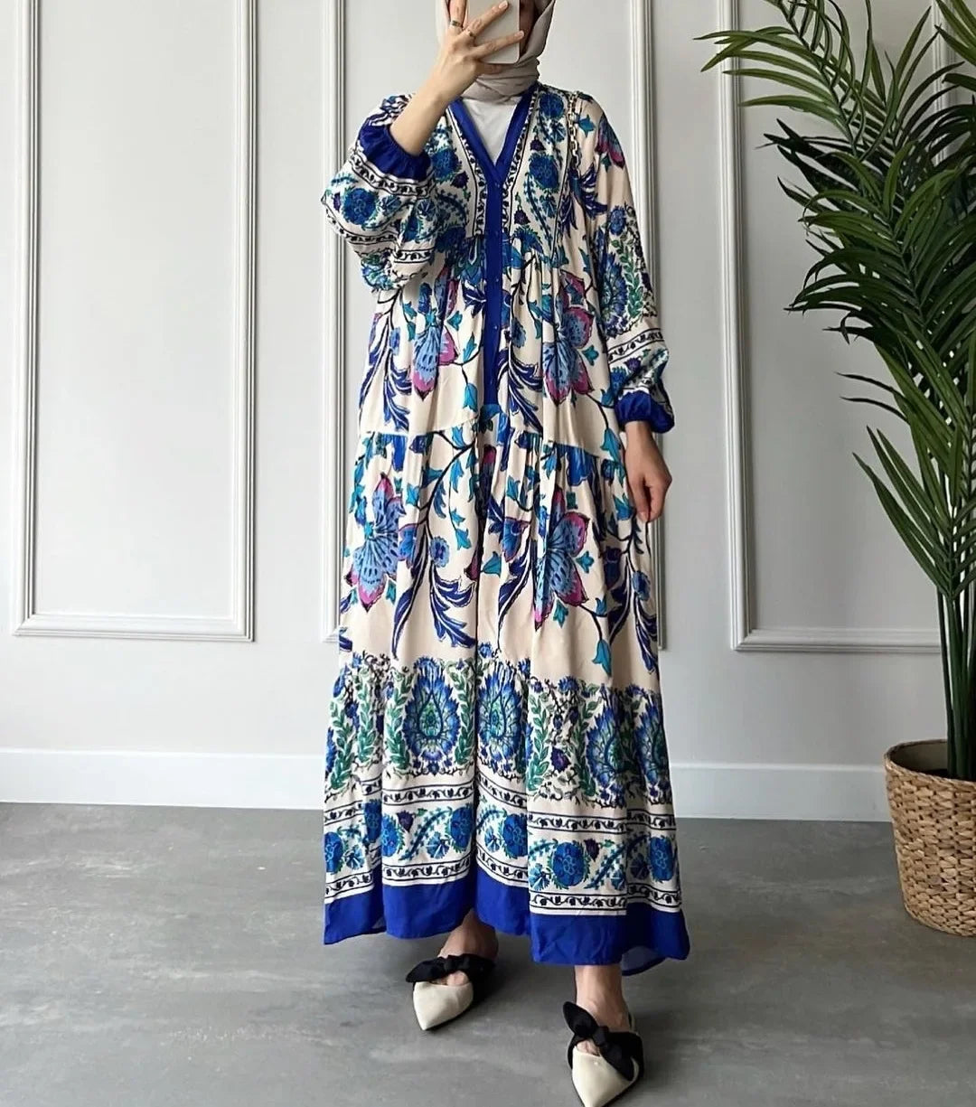 Vintage Print National Style Jalabiya Femme Robe Muslim Dress Long-sleeved Stand Collar Dubai Abayas for Women Islam Clothing