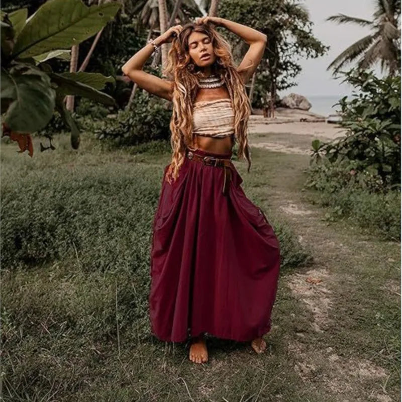 Women's casual and fashionable half skirt  new street trendsetter drawstring big pocket bohemian loose organic cotton long skirt