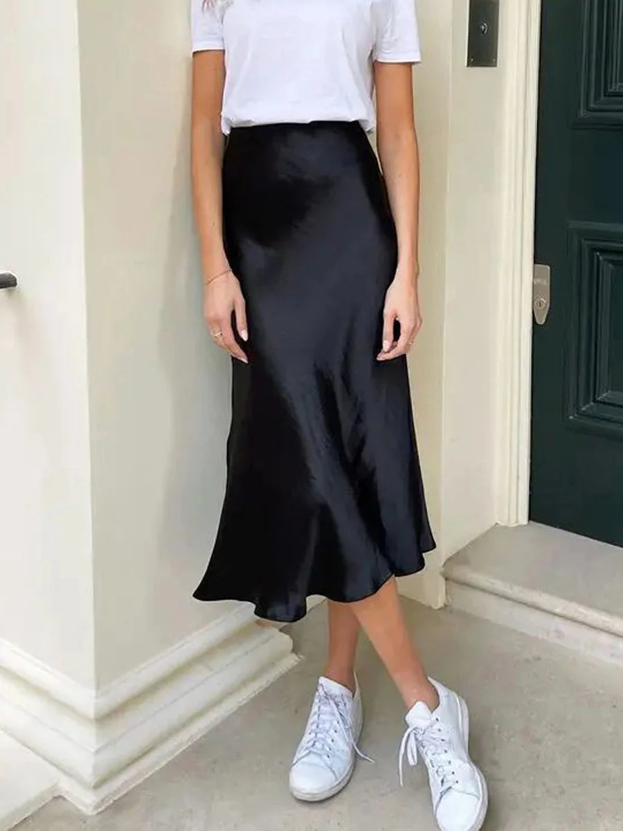 Women s Summer High Waist Skirt Solid Color Long Satin Skirt for Travel Beach Shopping