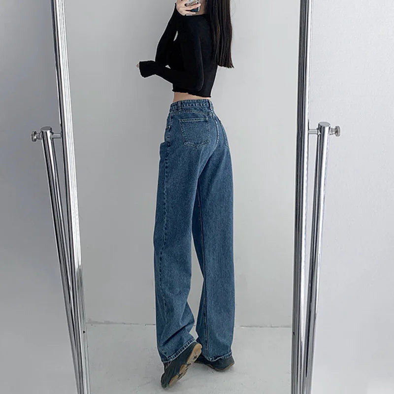 Irregular Crossover Vintage High-waisted Jeans, Women's Spring and Fall New Fashion Loose Wide-leg Pants, Floor-length Jeans