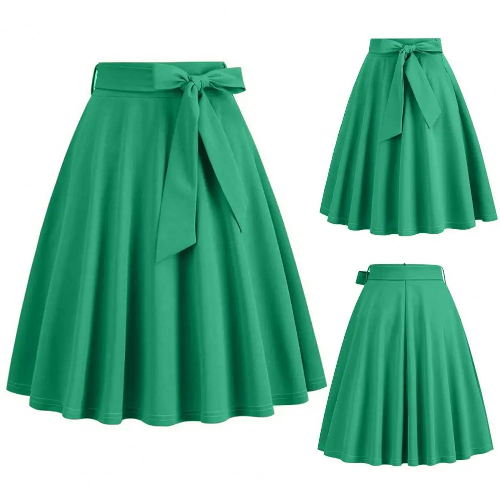 Summer Style Solid Women's Vintage Swing Pin Up Casual Runway Skirts High Waist Black Green Red Cocktail Tunic Knee Length Skirt