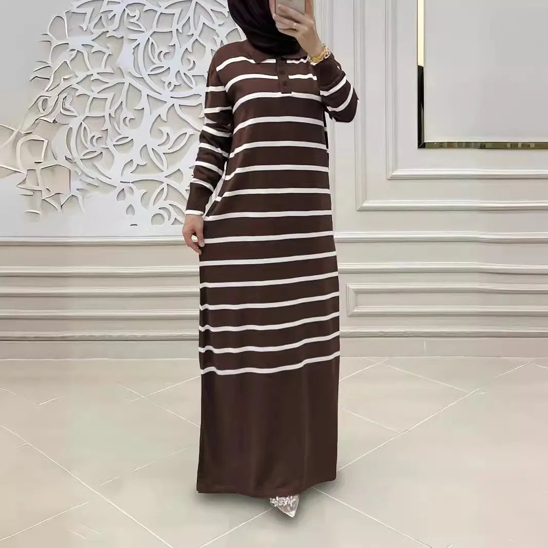 Eid Muslim Women Knit Dress Stripes Jalabiya Kaftan Islam Vestidos Long Robe Ramadan Morocco Dubai Abayas Knitting Dresses