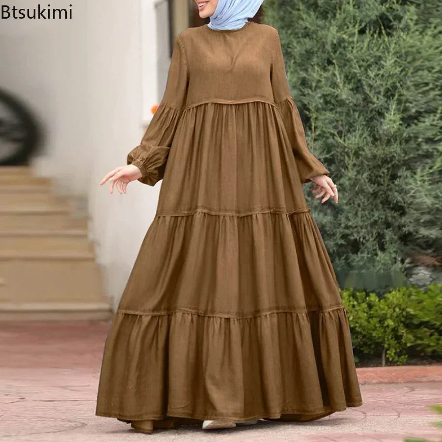 New 2025 Women's Casual Sun Dress Fashion Loose Muslim Dress Abaya Long Sleeve Islam Clothing  Abayas Women Dubai Robe Oversized