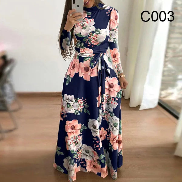 Autumn Women's Printed Maxi Dress Fashionable Long Sleeve Lace Up 3D Round Neck Vestidos Evening Long Elegant Dresses S-5XL