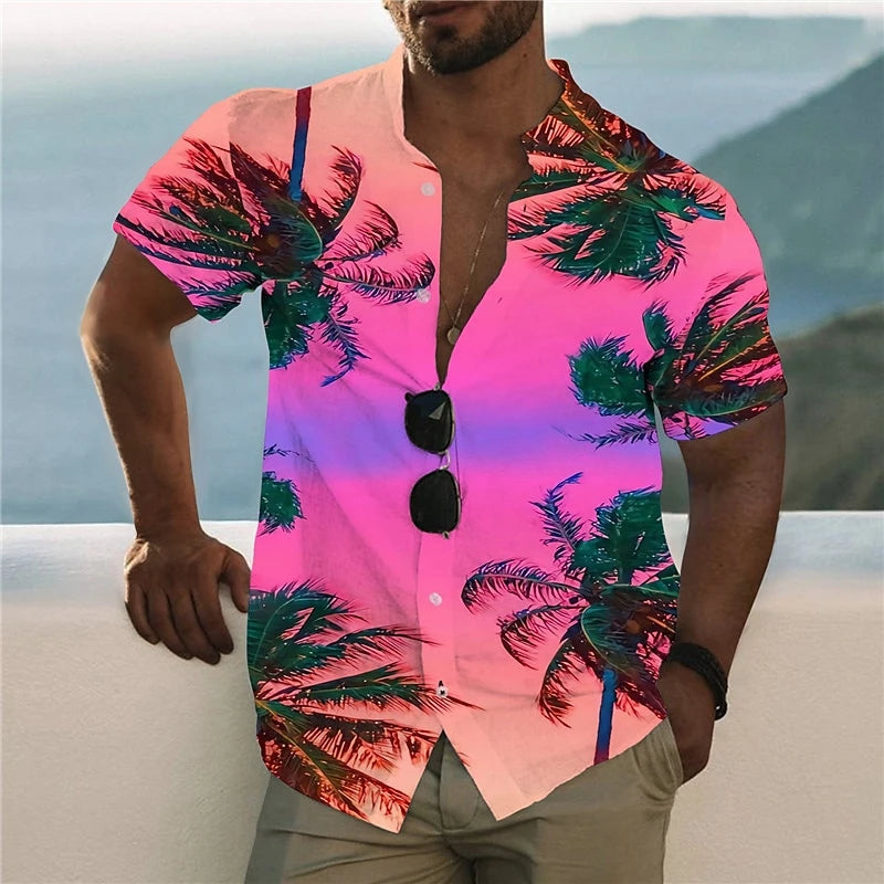 Casual Coconut Tree Graphic Beach Shirts Summer Fashion Short Sleeve Lapel 3D Printed Hawaiian Shirts Mens Loose Vacation Blouse