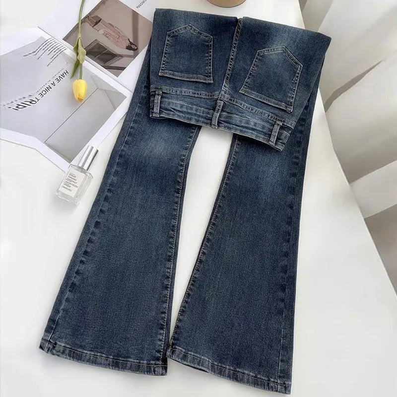 Slim-fit High-waisted Micro-flared Jeans, Women's Spring and Autumn New Fashion Stretch Horseshoe Long Pants,Water Washing Jeans