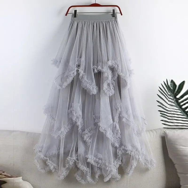 Summer Fashion Irregular Cake Tulle Skirt Women Sweet Midi Long High Waist A-line Skirt Female Mesh Party Evening Skirt