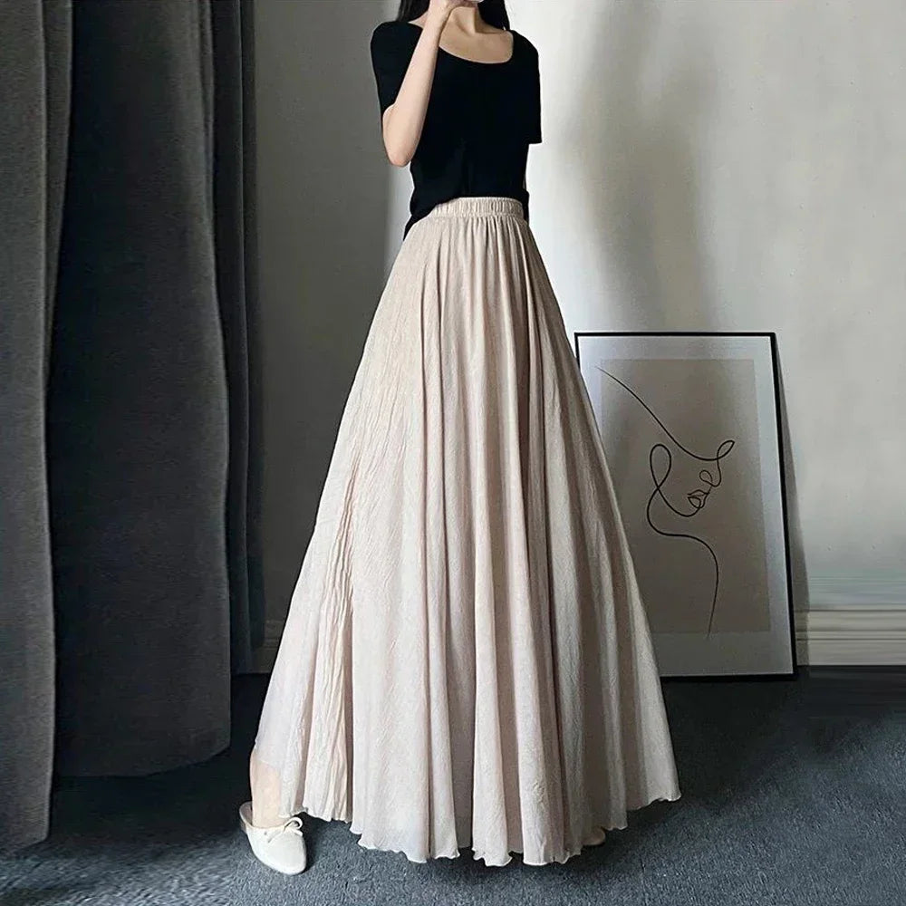 Casual Cotton Linen Effect Pleated Midi Skirt Ladies Elastic Waist A-line Wave Sun Skirt Women Black White Solid Elegant Skirts