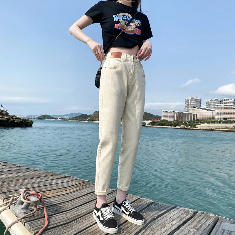 Solid Color High-waisted Straight Leg Jeans, Women's Spring and Fall New Fashion Nine-point Pants, Casual  Elastic-waisted Jeans