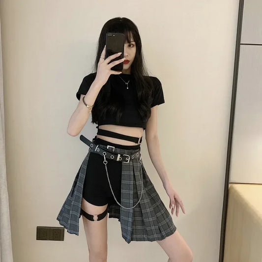 Female Punk Gothic Style Skirt Plaid Irregular Skirts Women Asymmetrical High Waist Pleated Mini Skirts sexy skirt for sex