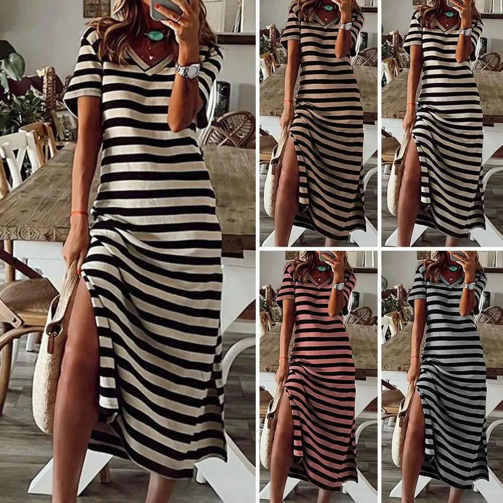 Summer Dresses 2023 Woman Plus Size Dresses For Women Casual Stripe Print V-neck Short Sleeve Loose Long Dress Robe Femme