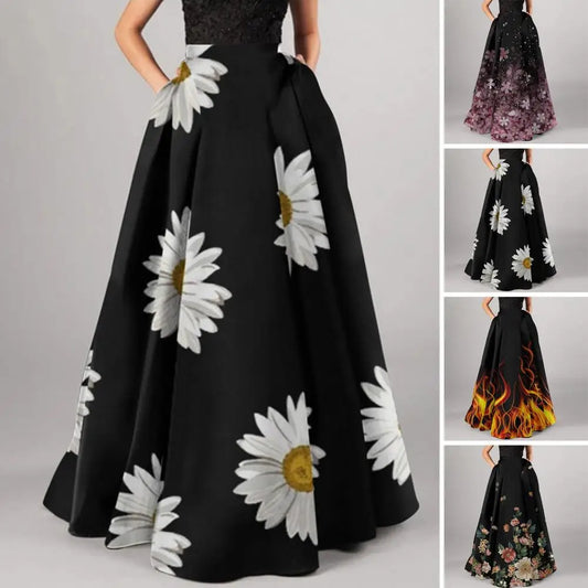 Women High-waisted Long Skirt Flower Printed Skirt for Women Elegant A-line Big Swing Zipper Bohemian Party Prom Maxi Skirt