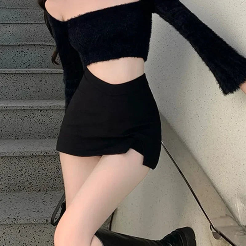 2024 Black Split Mini Skirts Women Summer Club High Waist Slit Skirt Streetwear Korean Party Fashion Irregular Slim A Line Skirt