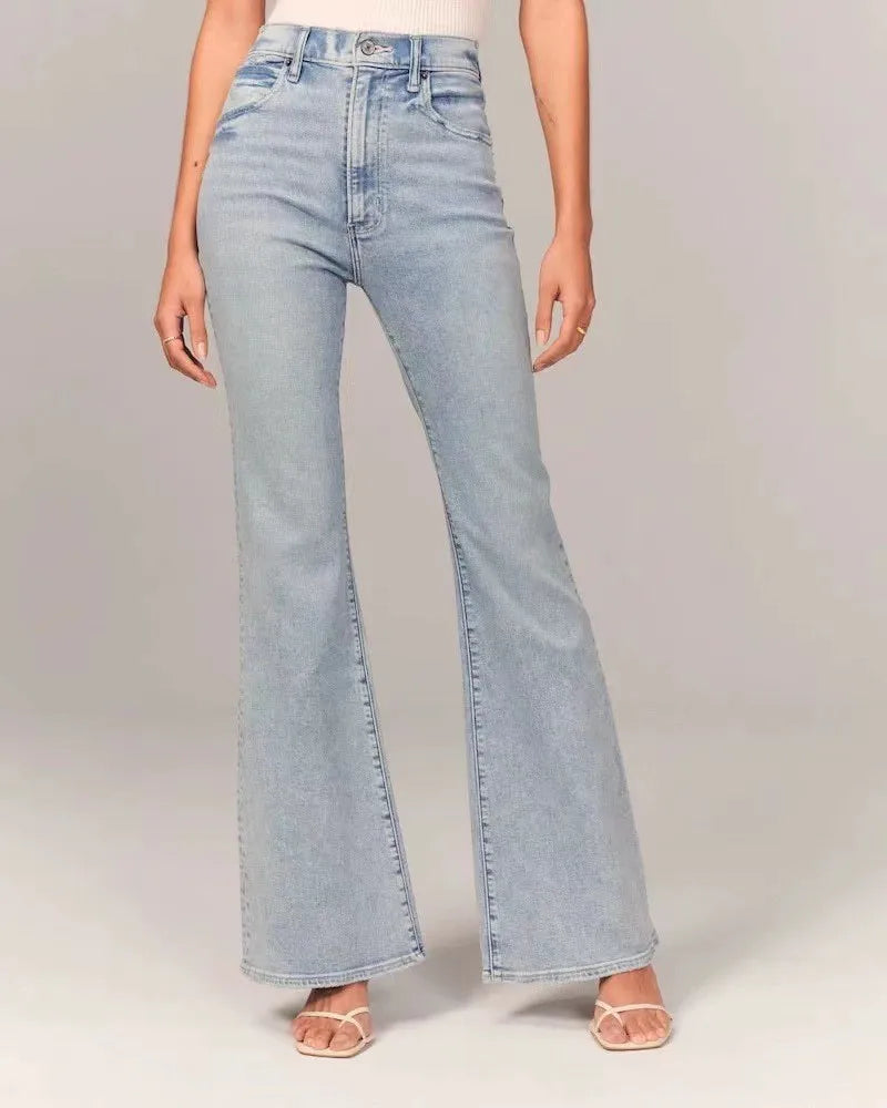 Women Jeans Flare Pants Denim Washing Loose Fit Bootcut Pockets High Street Slight Strech Solid Full Length Spring 2024