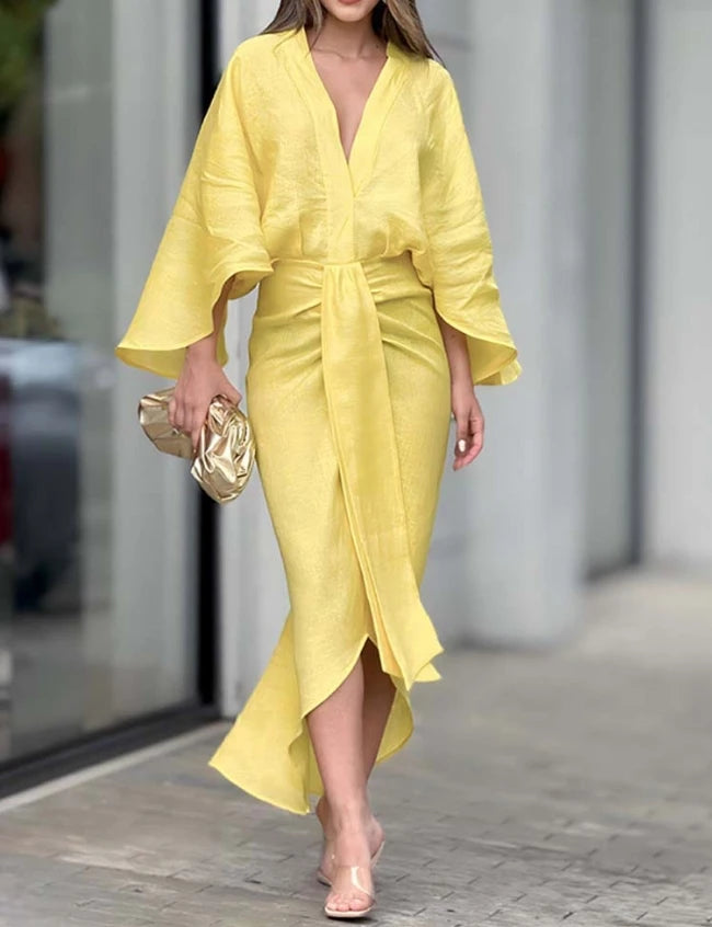 Hanging Bat Sleeves Hanging Midi Yellow Thin Summer Women's Dress V-Neck Waist Slim Fit Casual Loose Wrapped Hip Long Dress