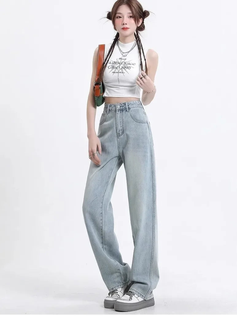 New Black Loose Jeans Streetwear Vintage Women High Waist Baggy Jeans Women Trousers Button Women Pants Straight Wide Leg Jeans