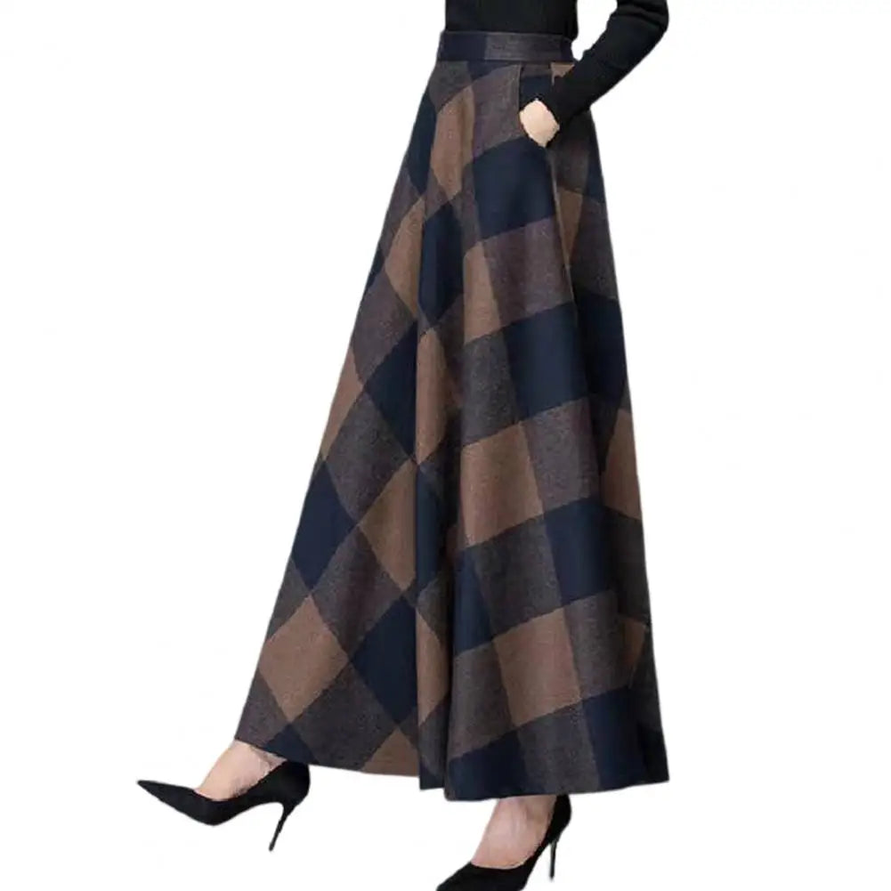 Fashion Office Skirt Temperament Skin-touching Women Square Plaid Print A-Line Office Skirt  Long Skirt    Retro Skirt