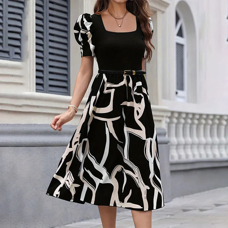 Women's Dress Autumn Winter Fashion Knitted Print Stretch Square Neck Slim Fit Short Puff Sleeve Midi Prom Dresses For Women