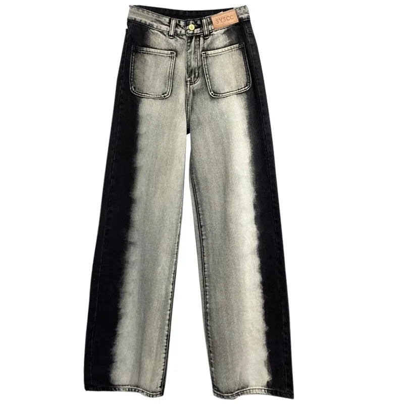 Women Patchwork Jeans Distressed High Waist Denim Wide Leg Pants Streetwear Female Vintage Denims Autumn Trousers Floor Length