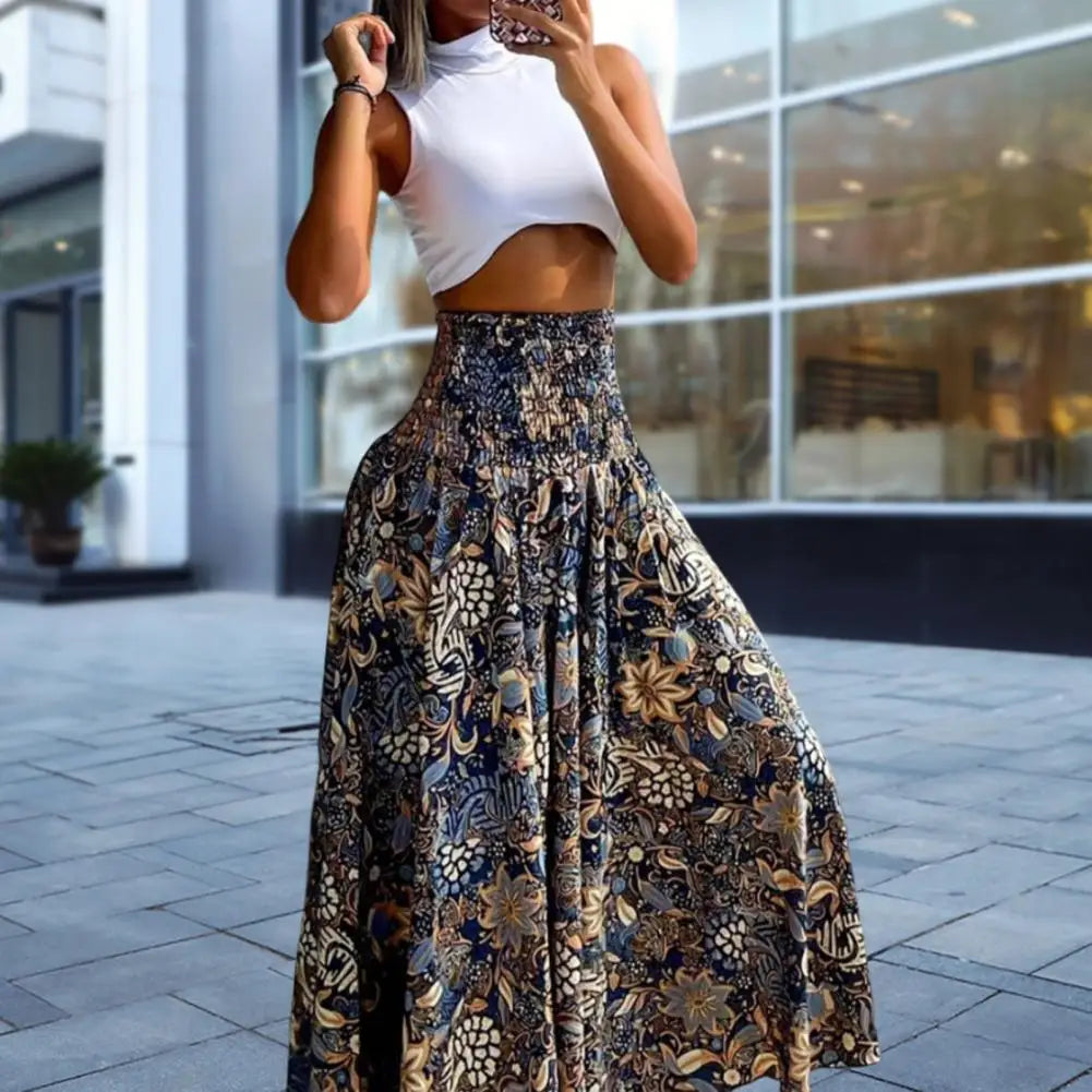 Women Maxi Skirt High Waist Wide Elastic Waist A-Line Retro Printed Skirt Summer Loose Fit Long Skirt Streetwear Платье Maxi