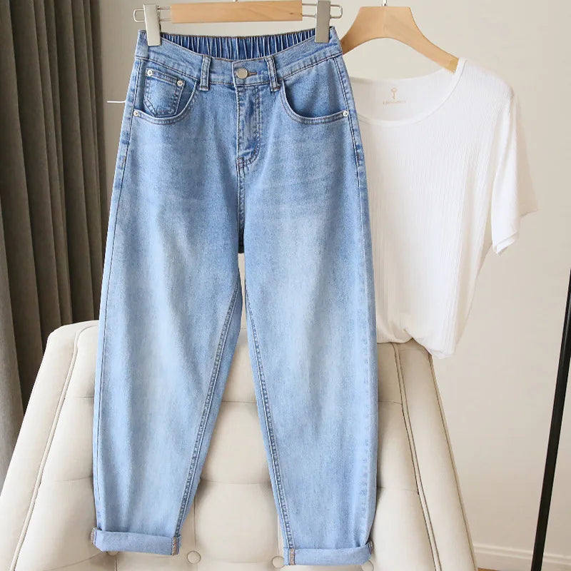 Bleached Jean Ankle Length Straight Denim Pants Women Harem Jeans Pockets Mid Waist Loose Fit Casual Solid Washed 2024