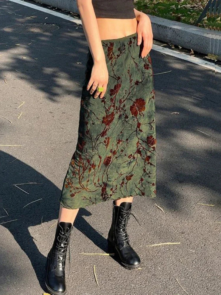 Harajuku Floral Print Long Skirt Vintage Low Rise Straight Midi Skirts for Women Autumn Basic All-match Skirts Ladies Y2k