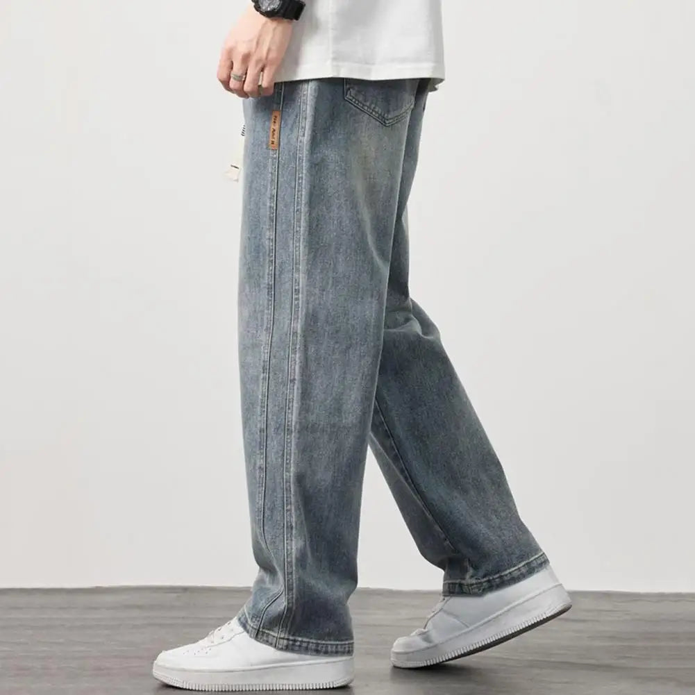 Non-deformed Men Gradient Color Jeans Versatile Men's Elastic Waist Denim Pants Adjustable Drawstring Solid Color for Casual