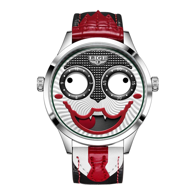 LIGE Cool Joker Watch Men Classic Men's Clown Watches Fashion Leather Strap Waterproof Quartz Wristwatches For Men Reloj Hombre