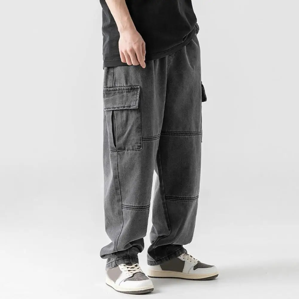 Denim Pants with Drawstring Men's Adjustable Drawstring Denim Pants with Pockets Loose Fit Washed Fabric for Style for Everyday