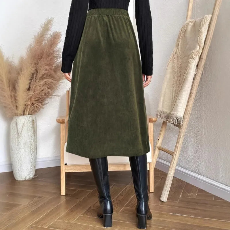 Autumn And Winter Casual Commuting Skirt With Elastic Waistband Buckle, Patch Bag, Fake Placket, Straight Tube, Mid Length Skirt