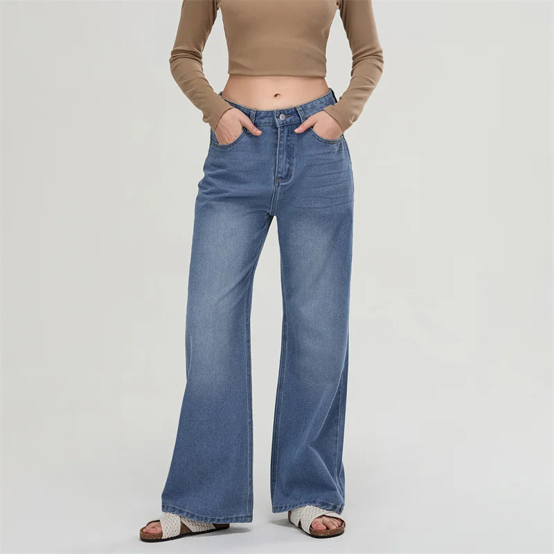 GuliriFei Women Fashion Wide Leg Jeans High Waist Loose Casual Classic Pull-on Baggy Denim Pants with Pockets Streetwear 2025