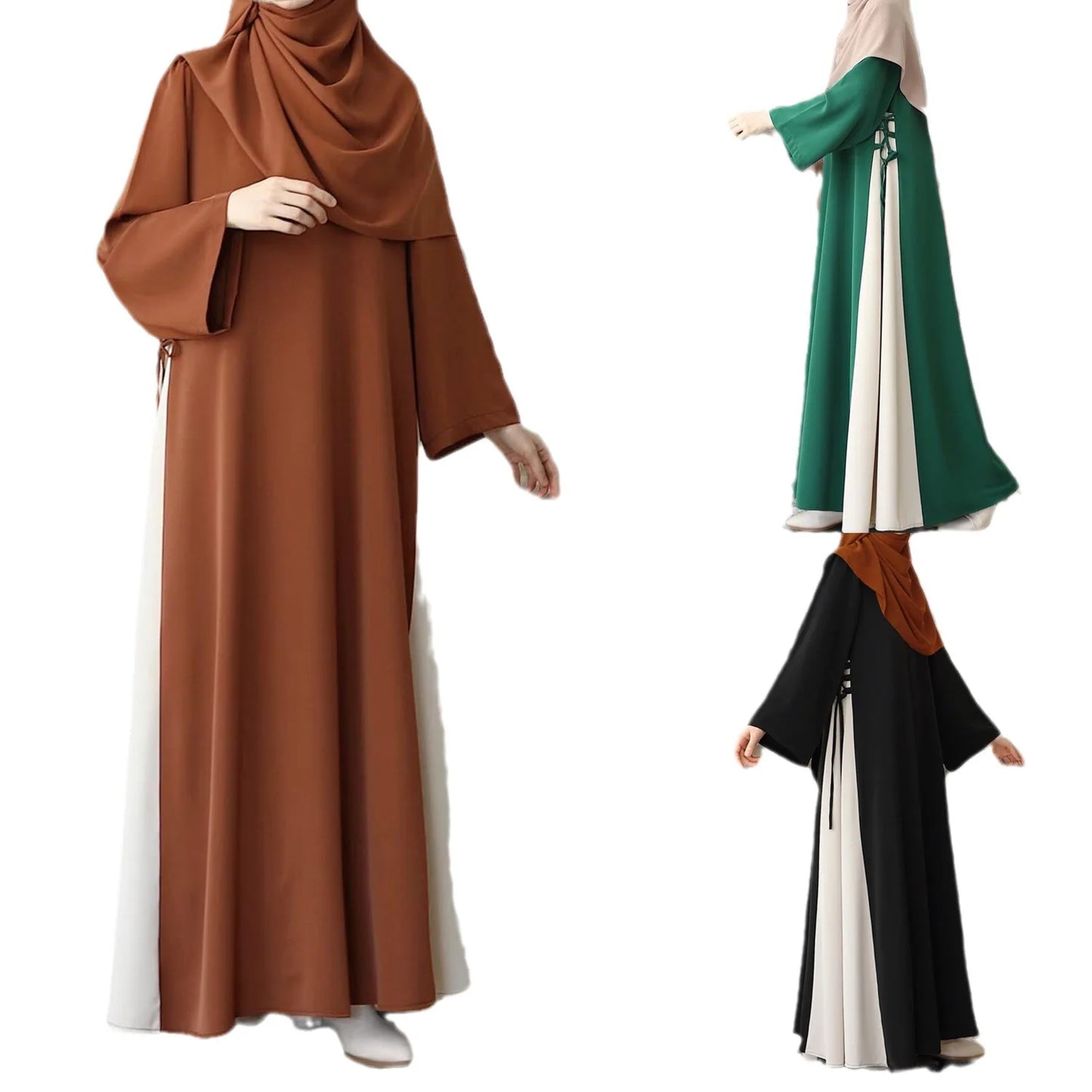 Muslim Women Modest Long Dress Patchwork Drawstring Arab Robe Vestidos Jalabiya Dubai Saudi Abayas Morocco Eid Ramadan Dresses