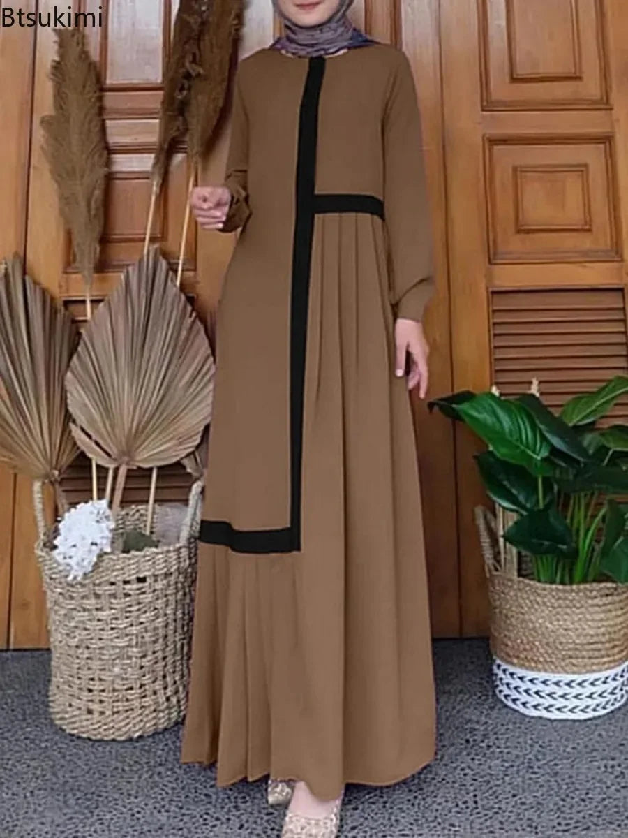 Fashion Patchwork Pleated Long Dress for Women Muslim Contrast Color Abaya Puff Sleeve Casual Maxi Dress Arab Kaftan Robe Femme