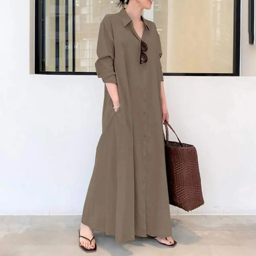 Loose Cut Button Closure Dress Spring Maxi Dress with Turn-down Collar Single-breasted Long Sleeve Ankle Length Women's Loose